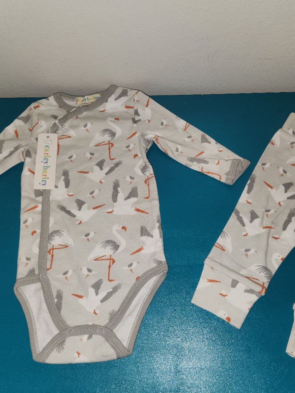 Carey Barley Baby 6-12M Stork Print Bodysuit & Pants 2-Piece Set NWT